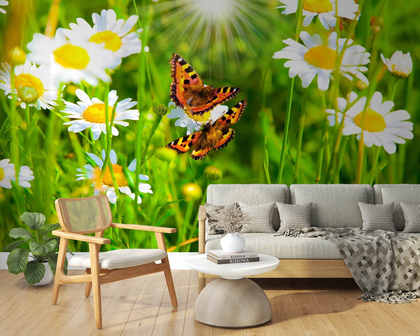 Fotobehang kamille in een veld bezaaid met vlinders