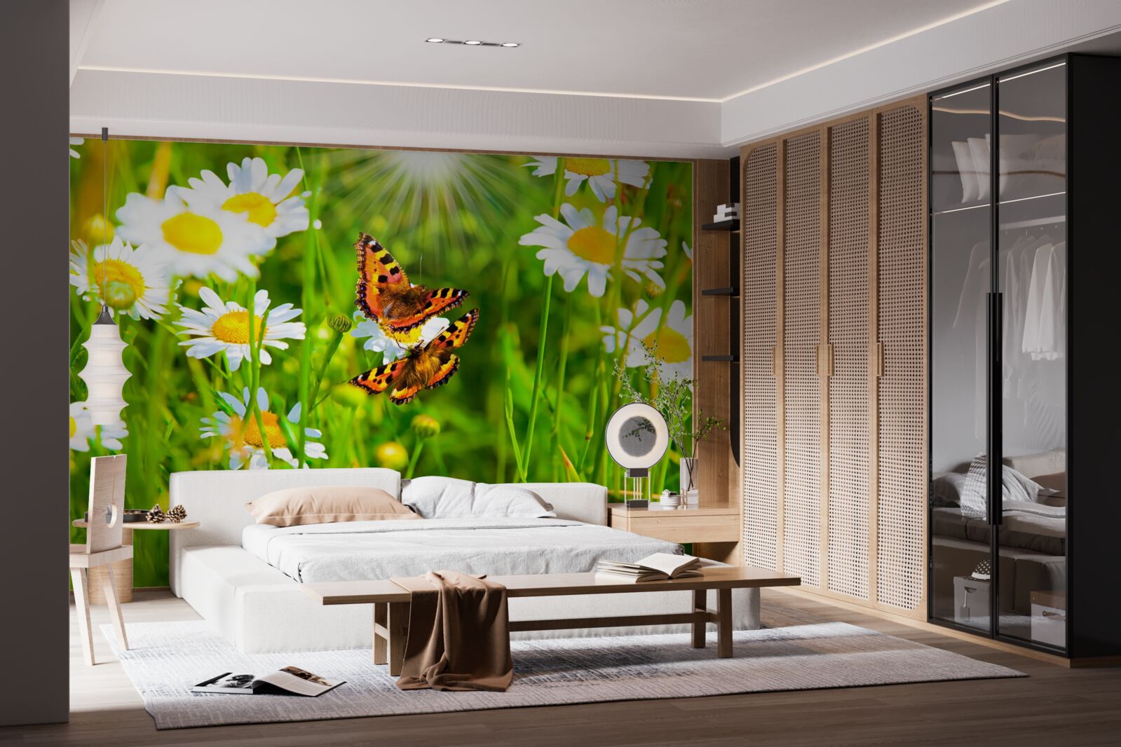 Fotobehang kamille in een veld bezaaid met vlinders