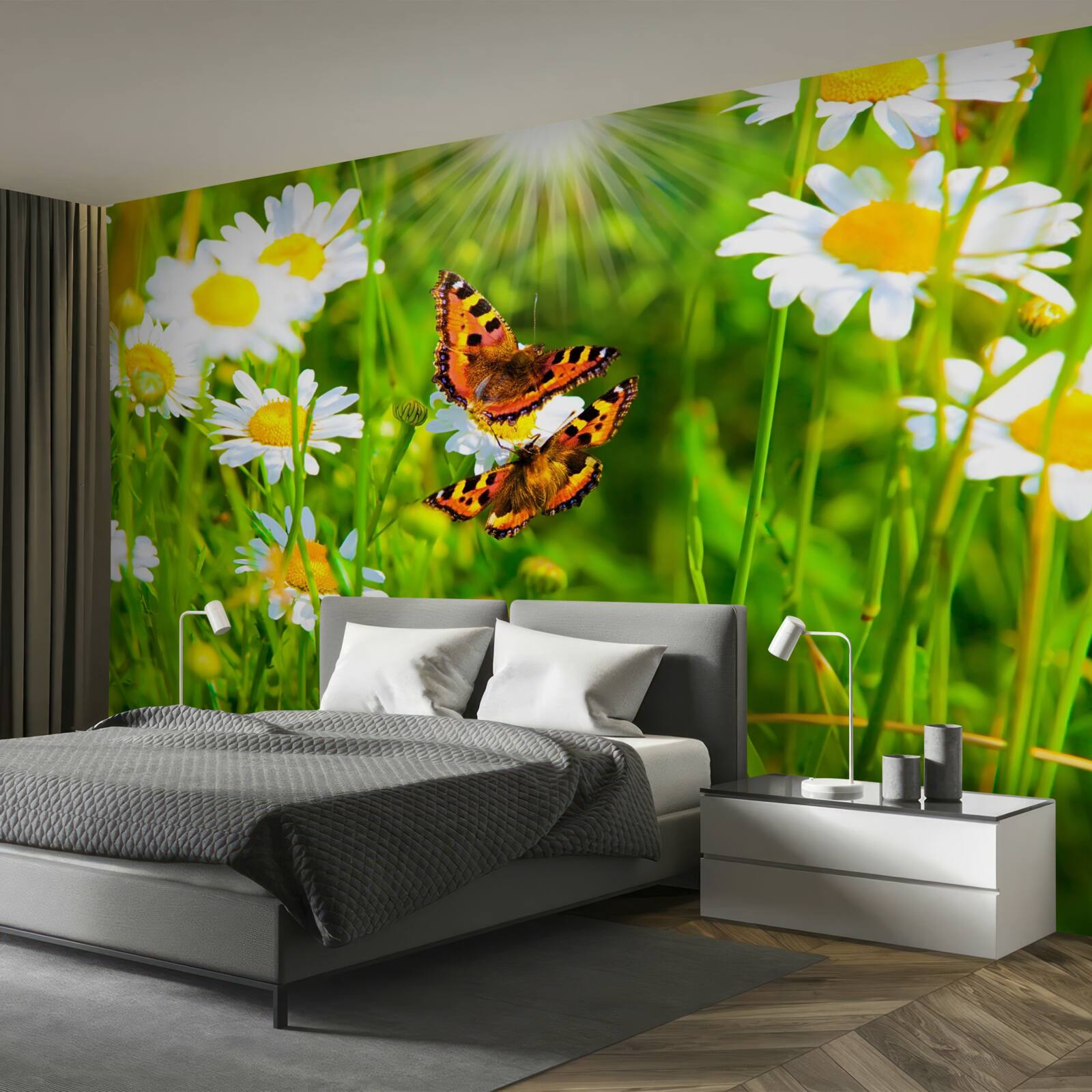 Fotobehang kamille in een veld bezaaid met vlinders