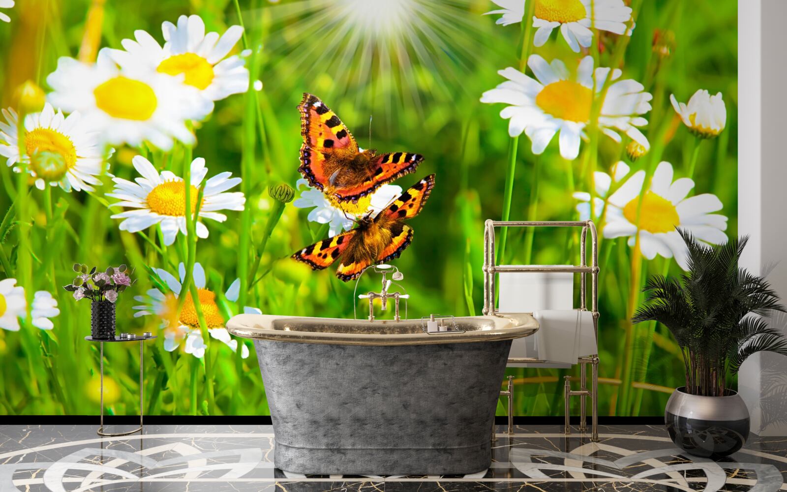 Fotobehang kamille in een veld bezaaid met vlinders