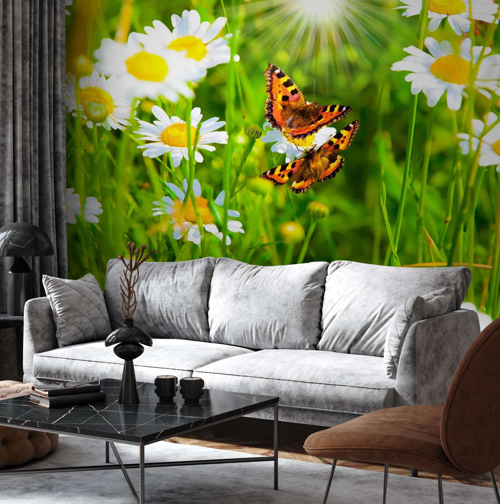 Fotobehang kamille in een veld bezaaid met vlinders