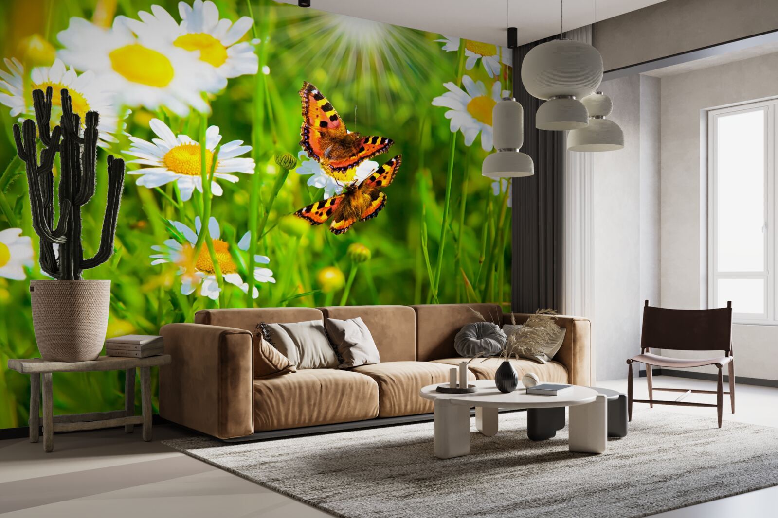 Fotobehang kamille in een veld bezaaid met vlinders