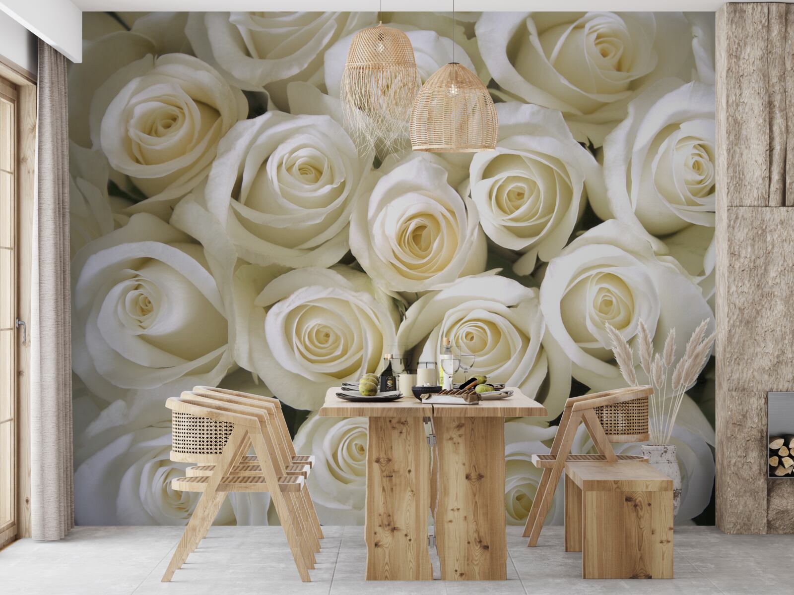 Fotobehang sneeuwwitte rozenknopen