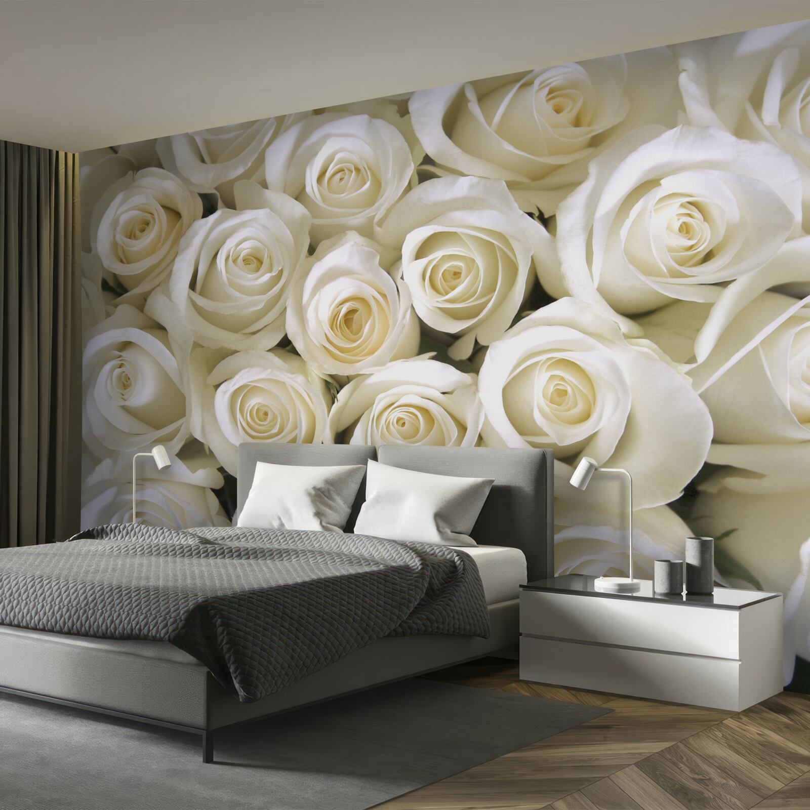 Fotobehang sneeuwwitte rozenknopen