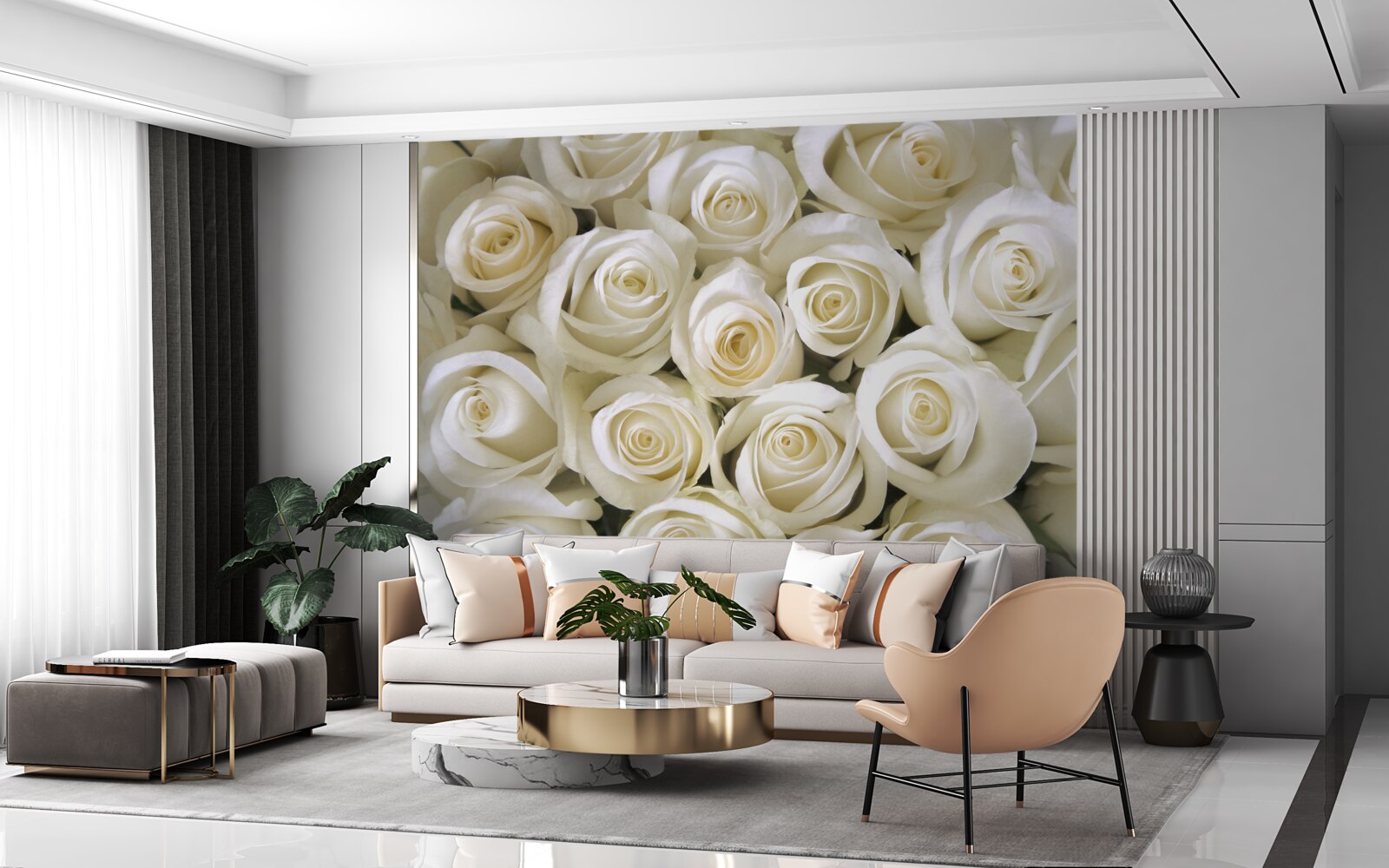 Fotobehang sneeuwwitte rozenknopen