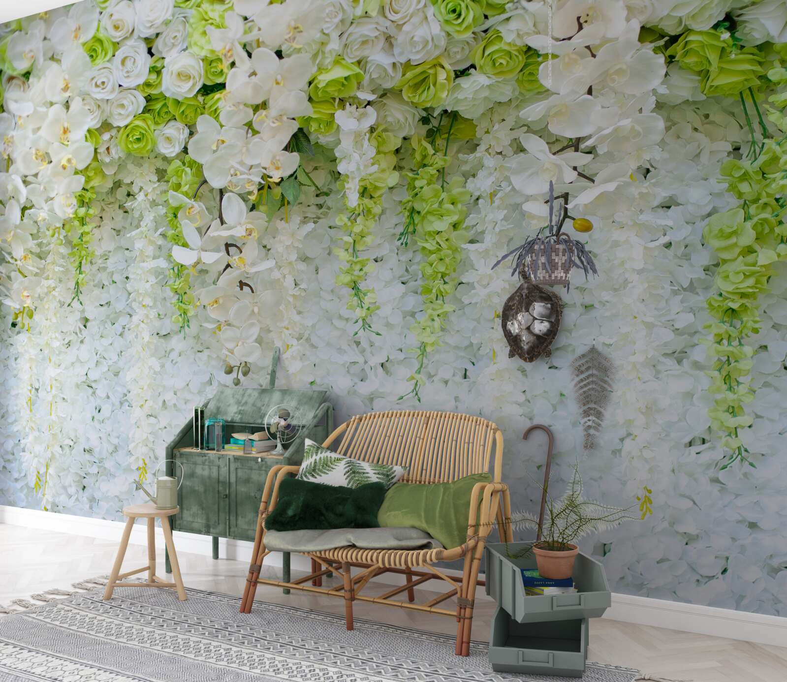 Fotobehang witte orchideeën bedekten de muur met een bloementapijt