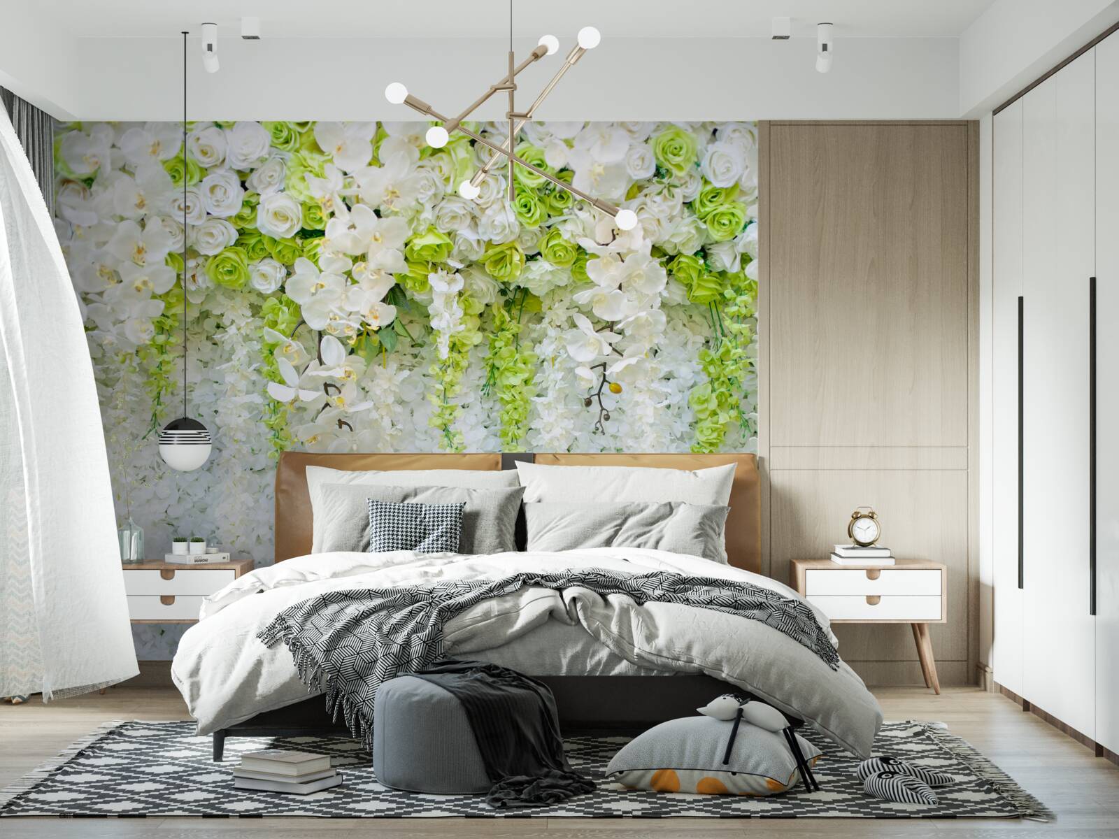 Fotobehang witte orchideeën bedekten de muur met een bloementapijt