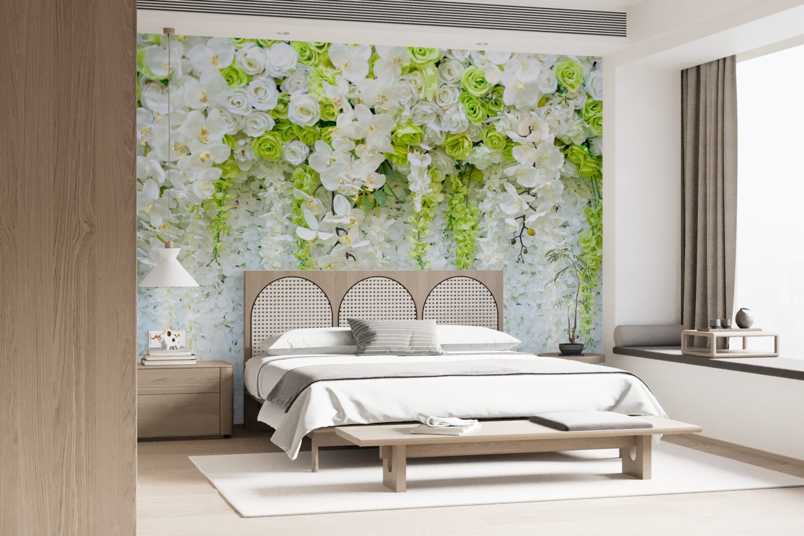 Fotobehang witte orchideeën bedekten de muur met een bloementapijt