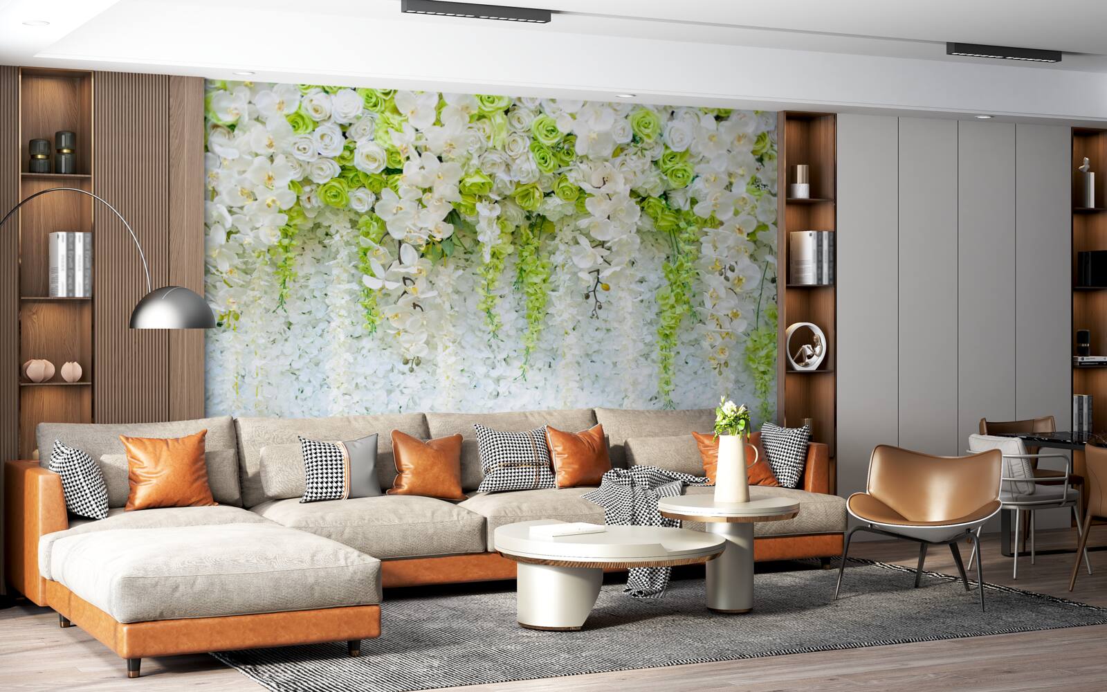 Fotobehang witte orchideeën bedekten de muur met een bloementapijt