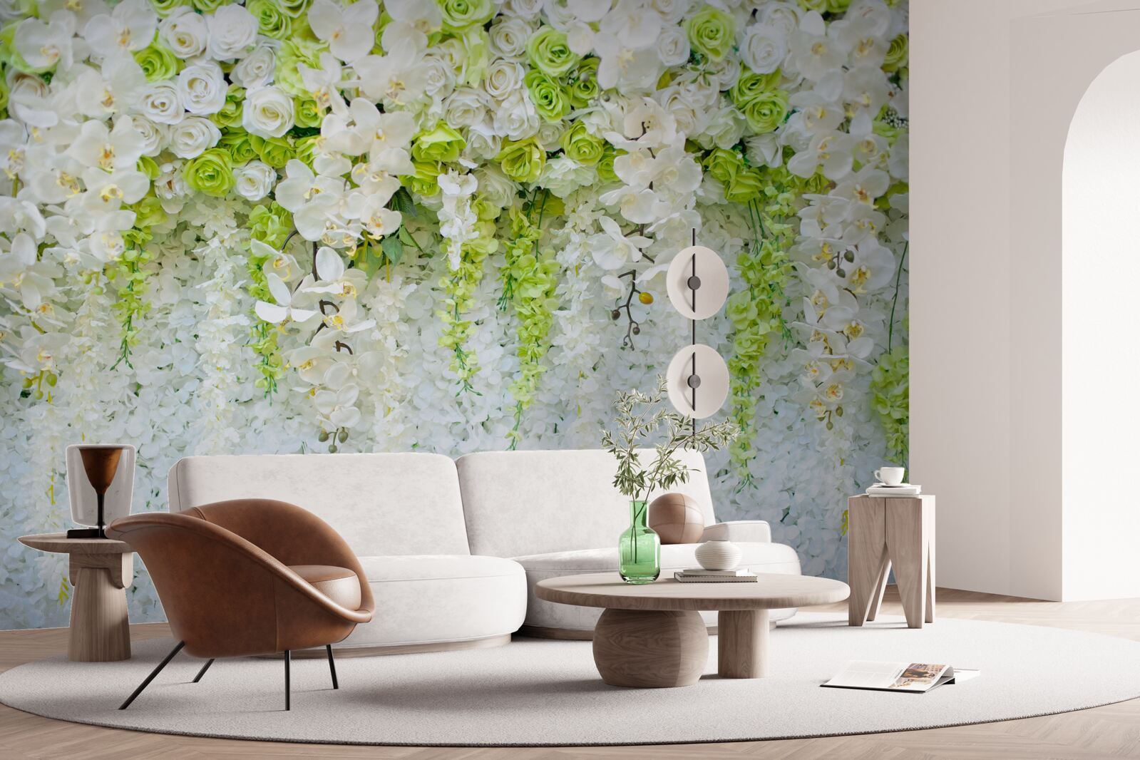 Fotobehang witte orchideeën bedekten de muur met een bloementapijt