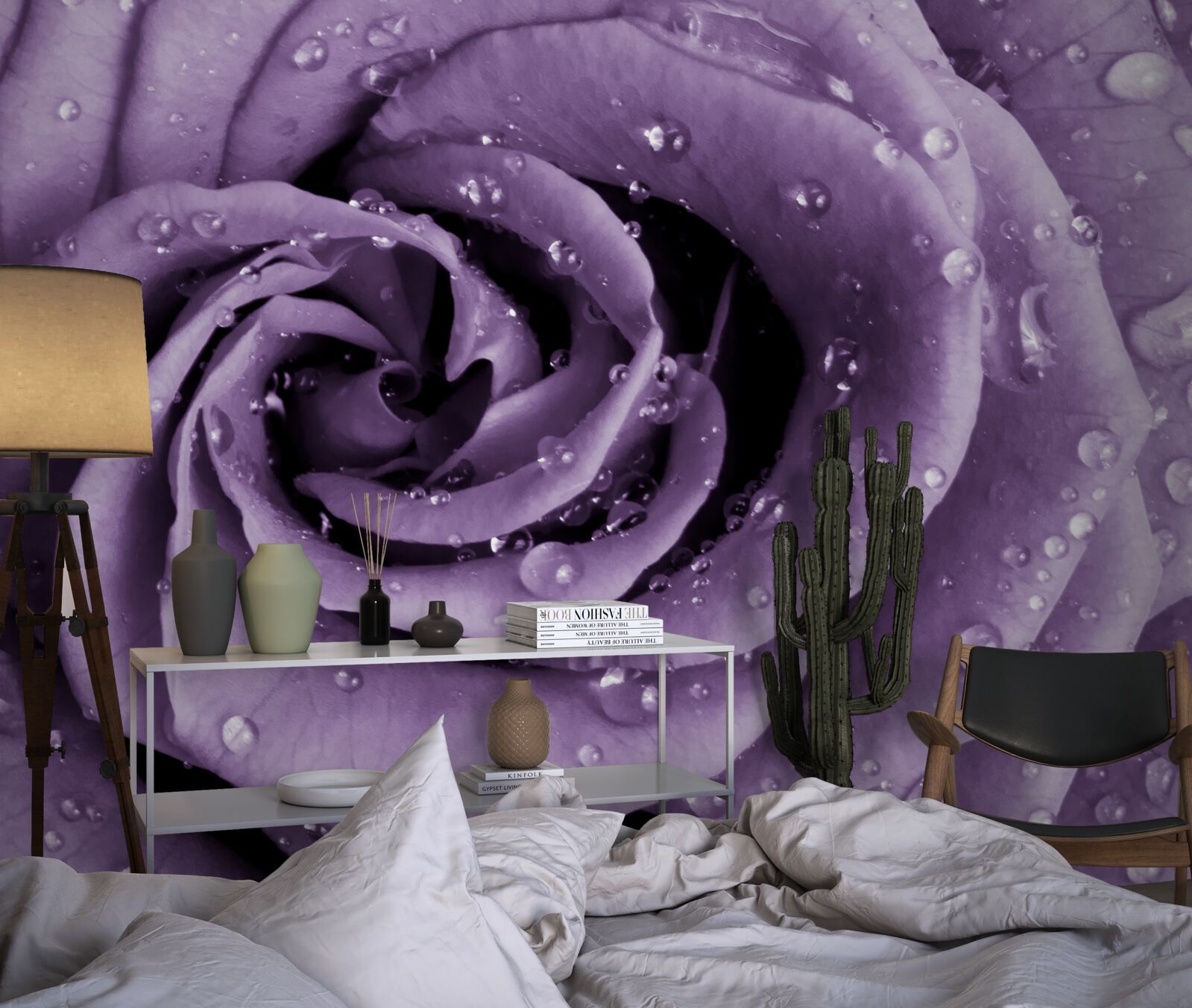 Fotobehang ochtenddauw op een violette roos