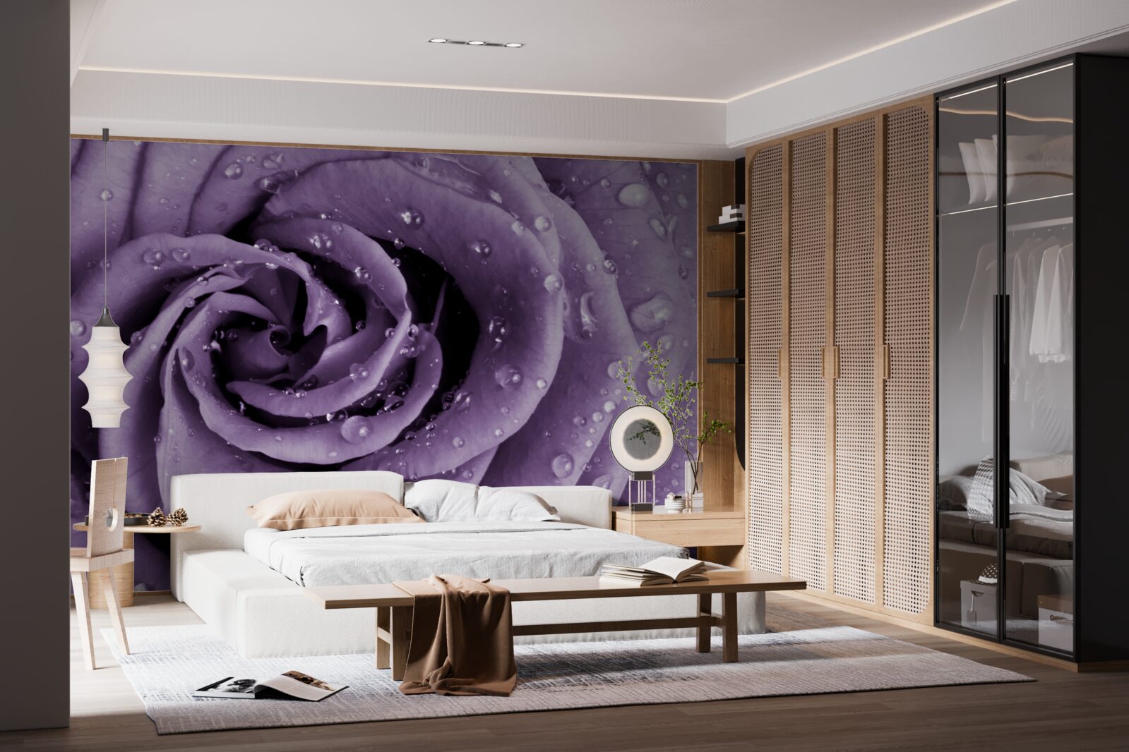 Fotobehang ochtenddauw op een violette roos