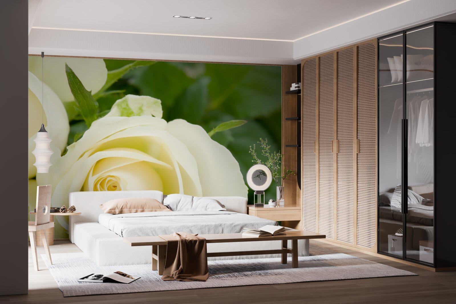 Fotobehang roos in beige tint met groene bladeren