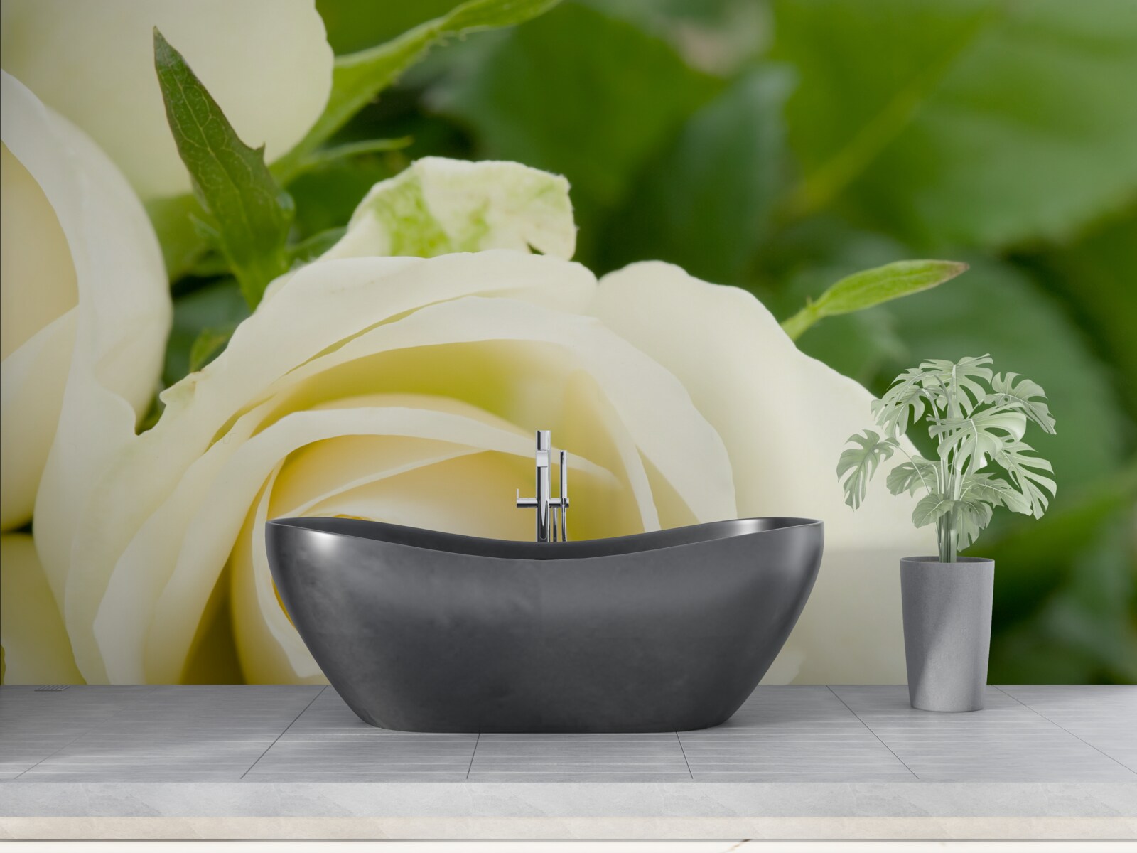 Fotobehang roos in beige tint met groene bladeren