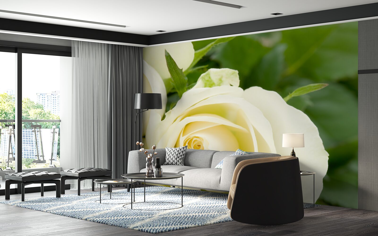 Fotobehang roos in beige tint met groene bladeren