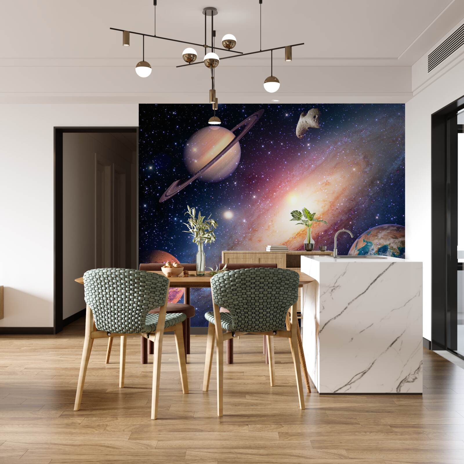Fotobehang planeten, waaronder de aarde, in ons melkwegstelsel