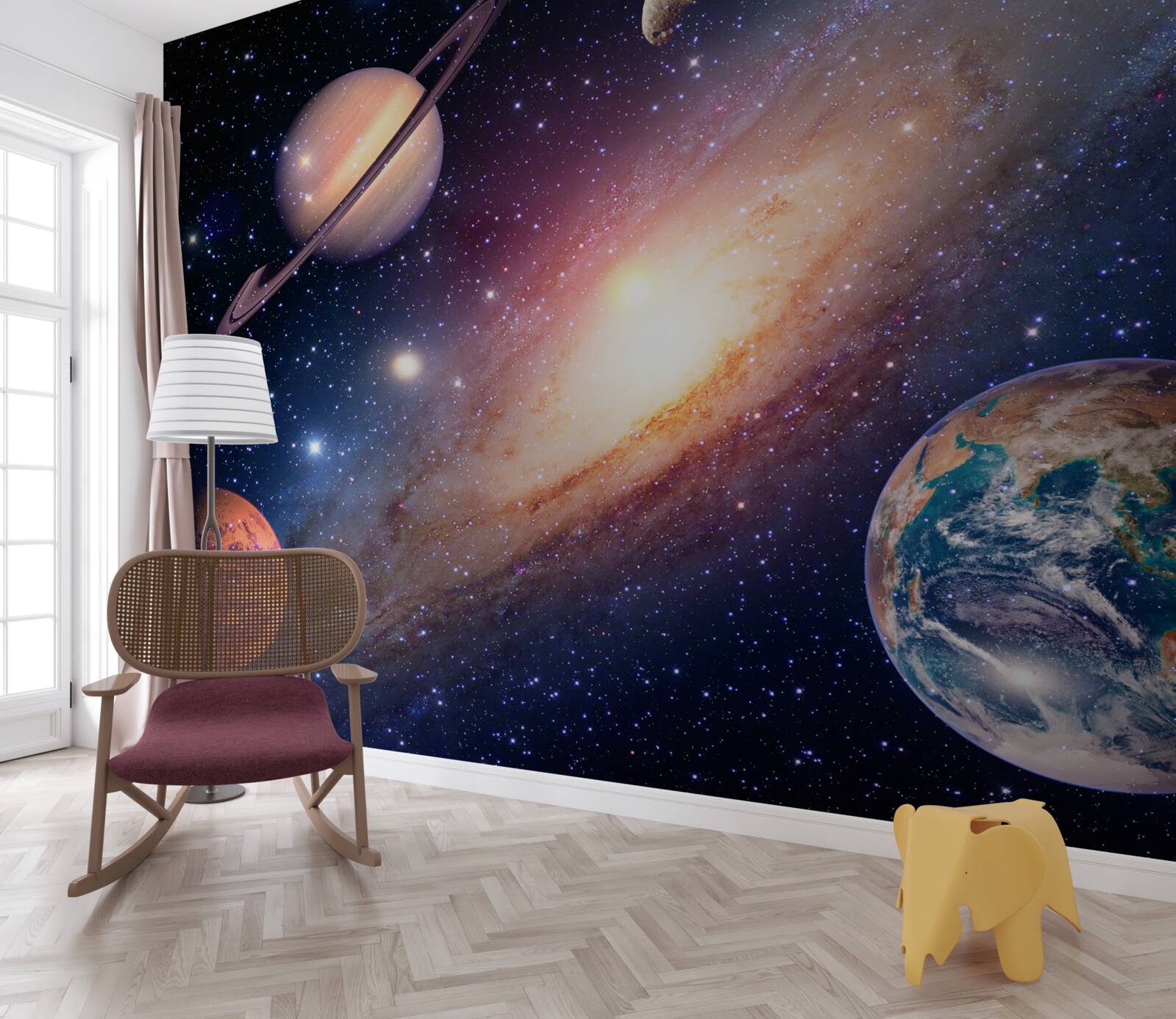 Fotobehang planeten, waaronder de aarde, in ons melkwegstelsel