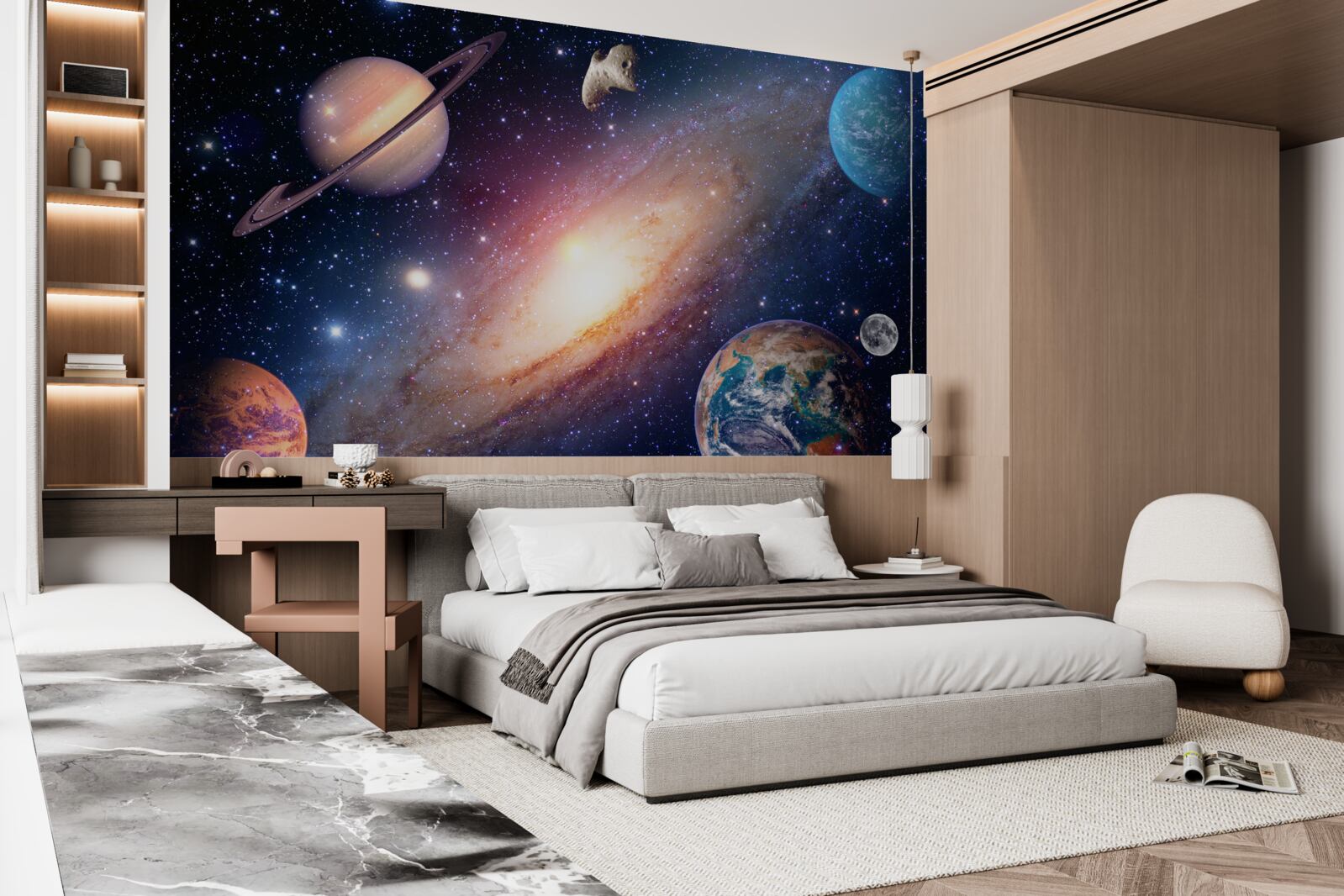 Fotobehang planeten, waaronder de aarde, in ons melkwegstelsel