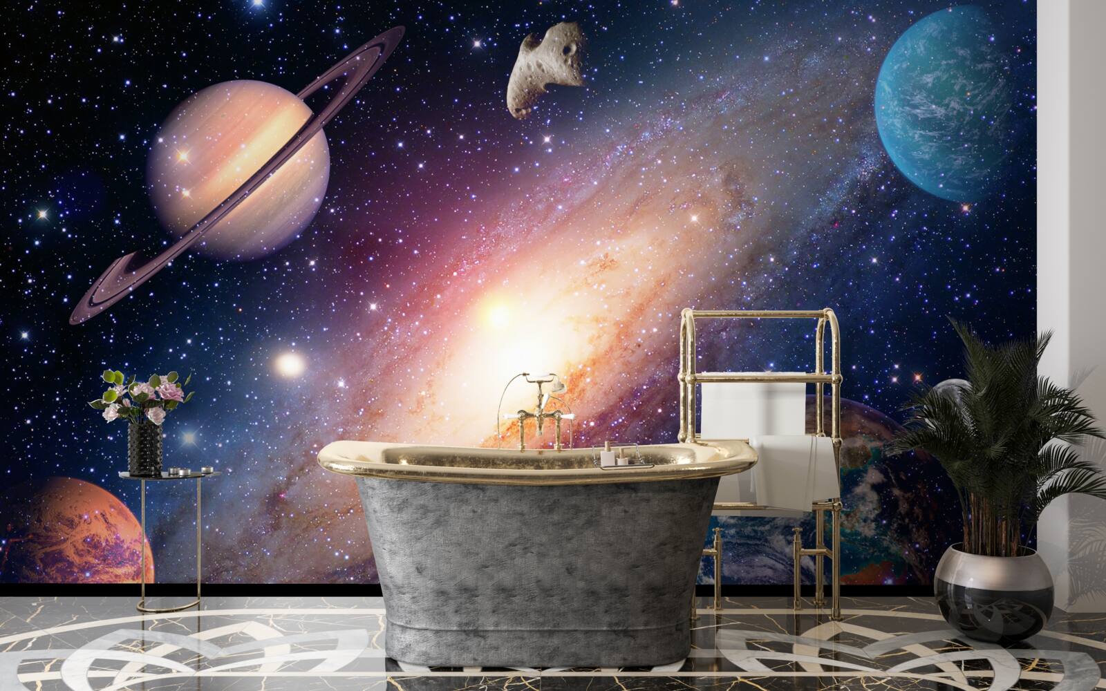 Fotobehang planeten, waaronder de aarde, in ons melkwegstelsel