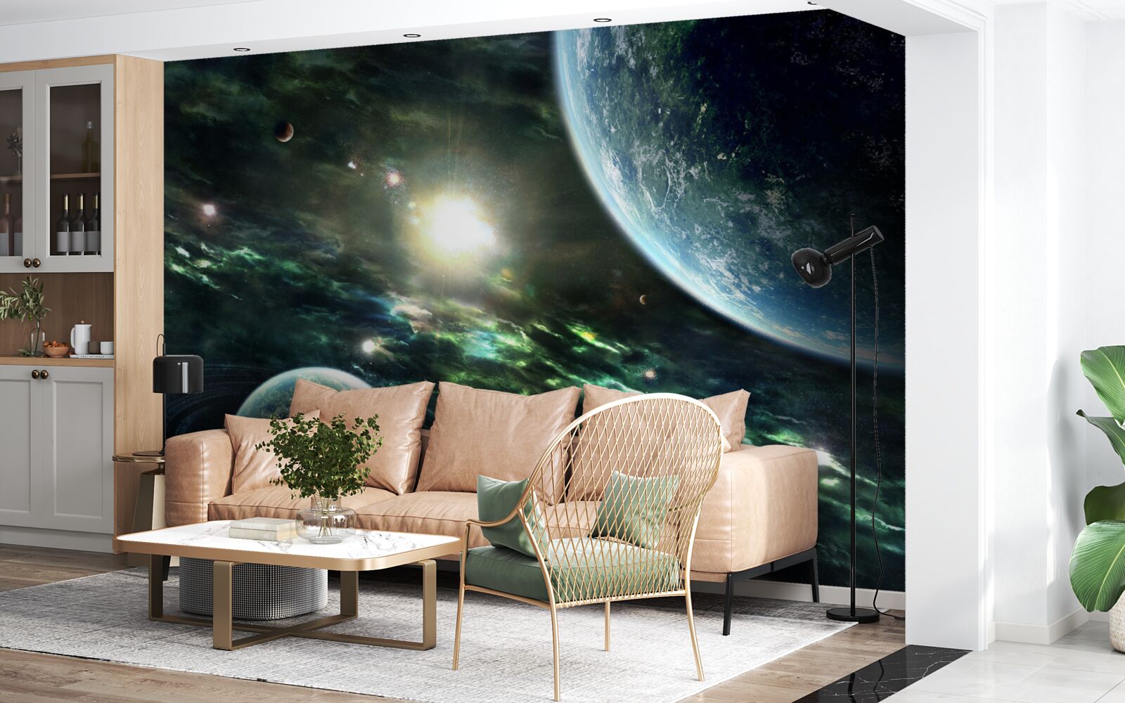 Fotobehang Lichtgevende explosie bij de planeet