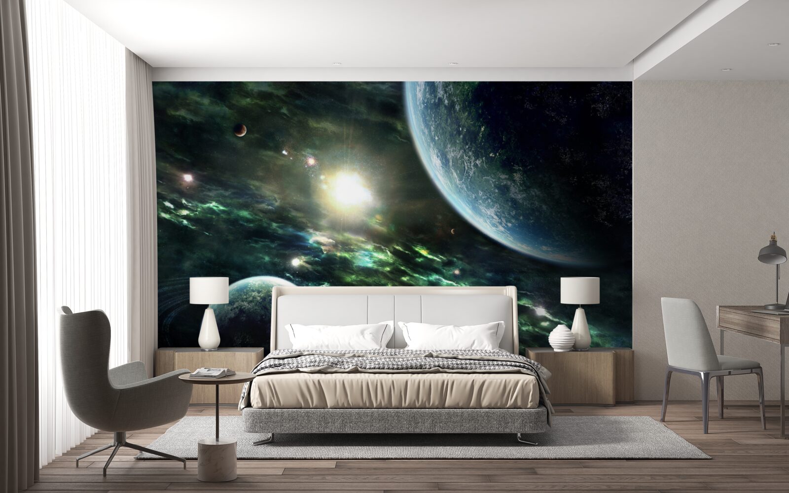 Fotobehang Lichtgevende explosie bij de planeet