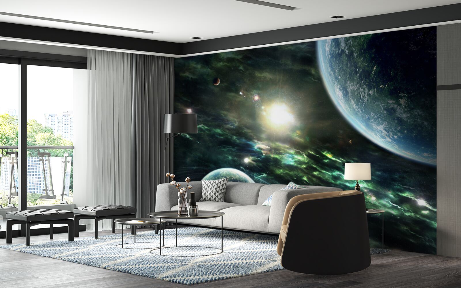 Fotobehang Lichtgevende explosie bij de planeet