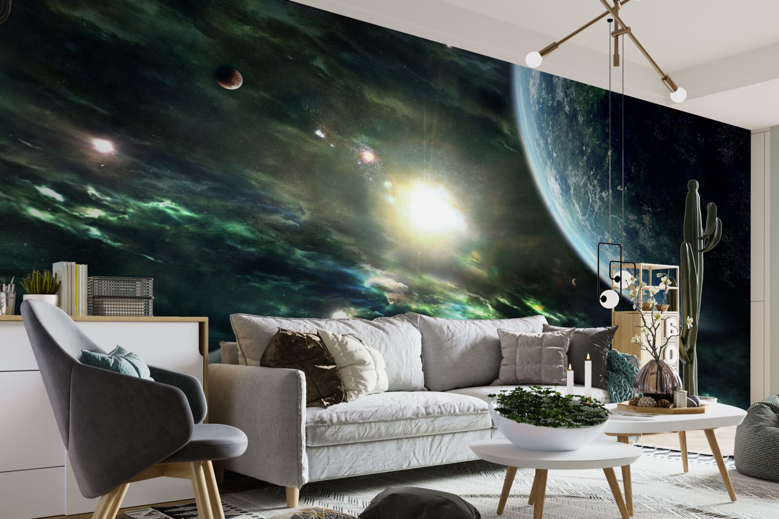 Fotobehang Lichtgevende explosie bij de planeet