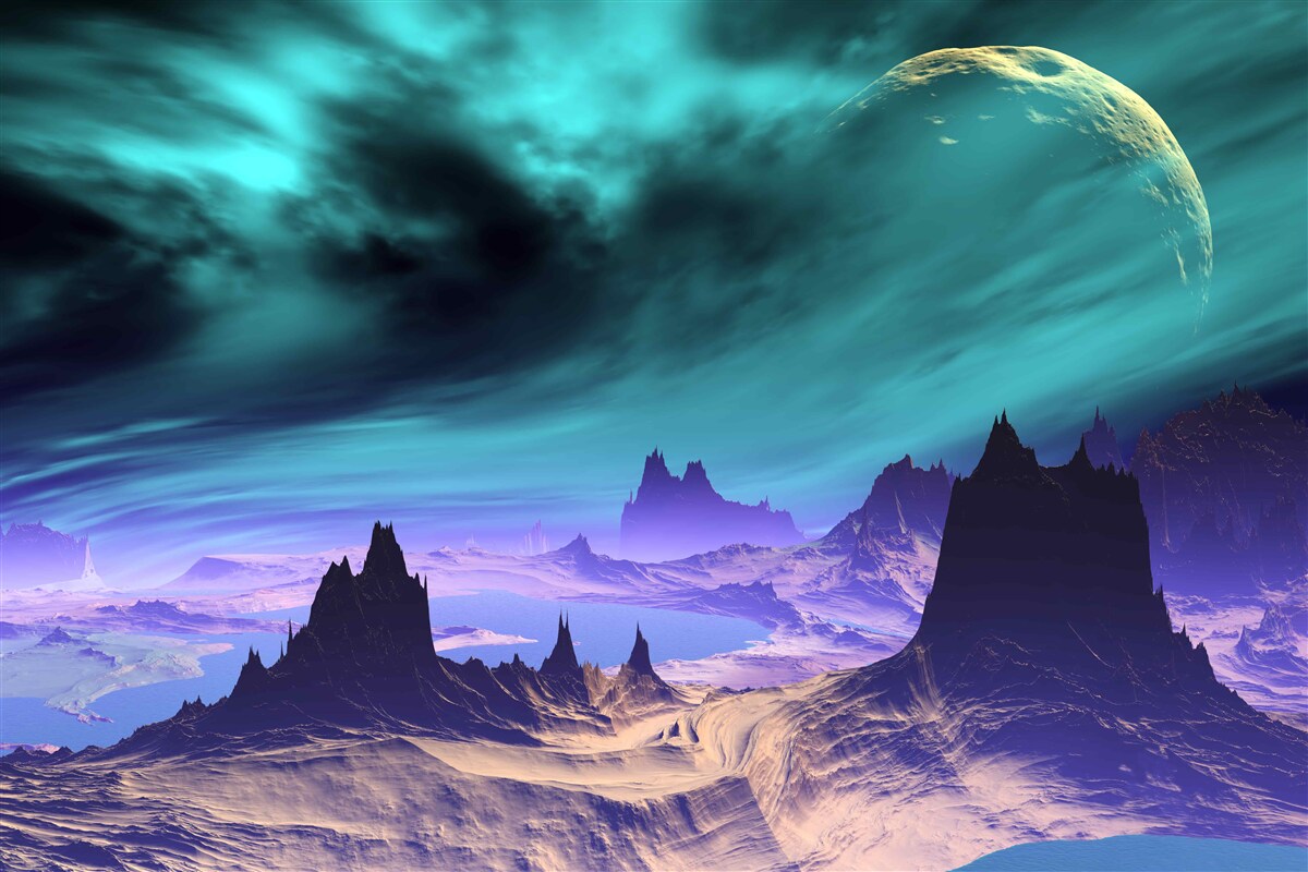 Fotobehang bergen van de toekomst op een onbekende planeet