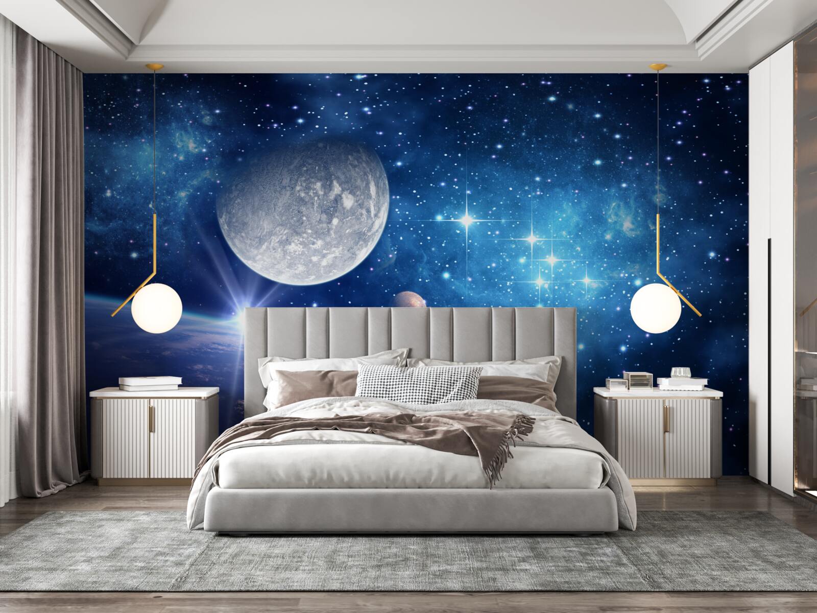 Fotobehang de maan staat op de achtergrond en de aarde op de voorgrond