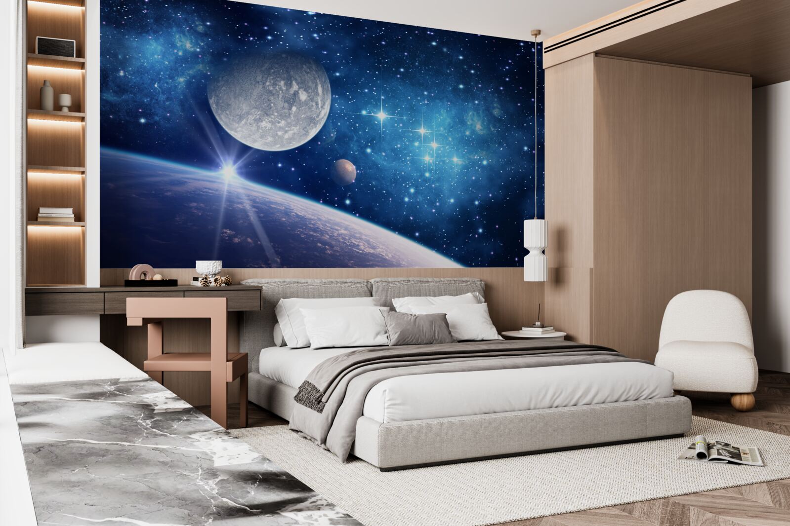 Fotobehang de maan staat op de achtergrond en de aarde op de voorgrond