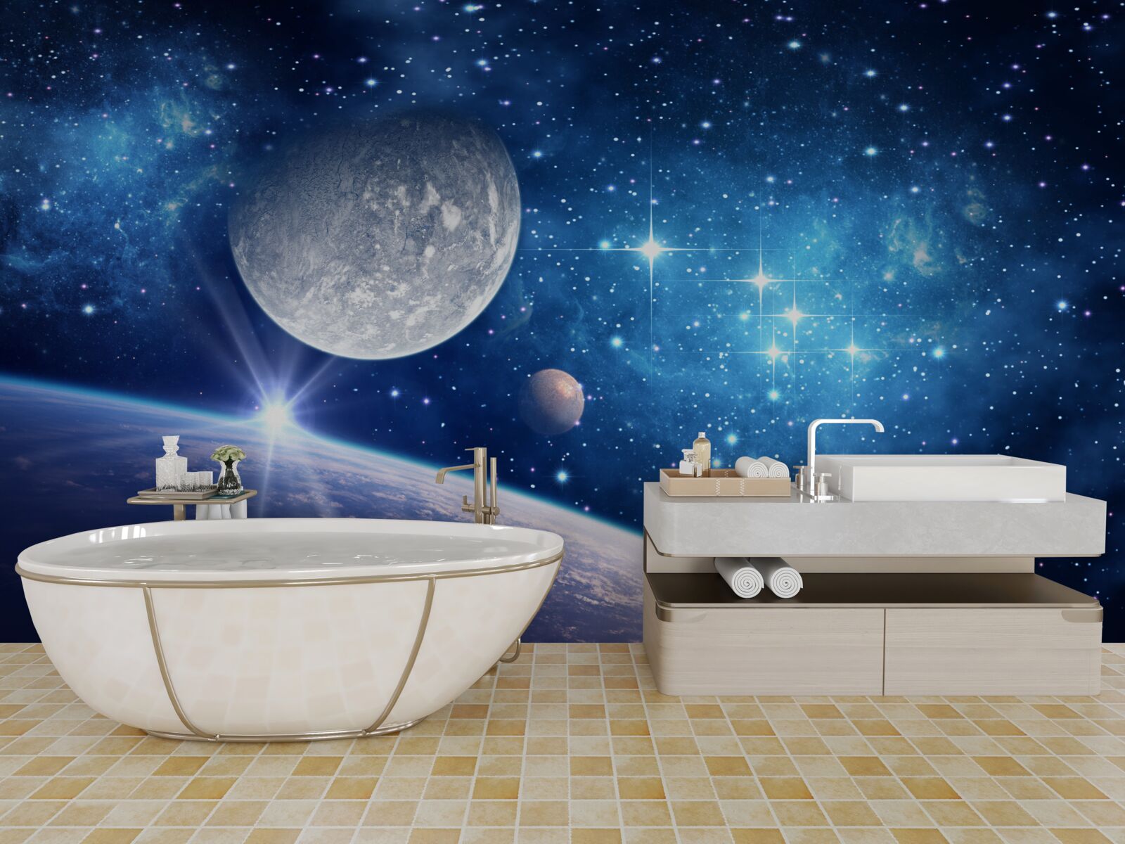 Fotobehang de maan staat op de achtergrond en de aarde op de voorgrond