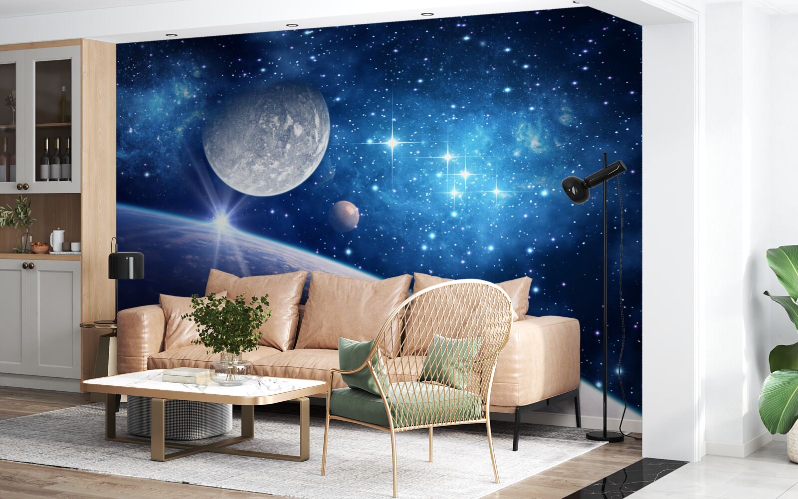 Fotobehang de maan staat op de achtergrond en de aarde op de voorgrond