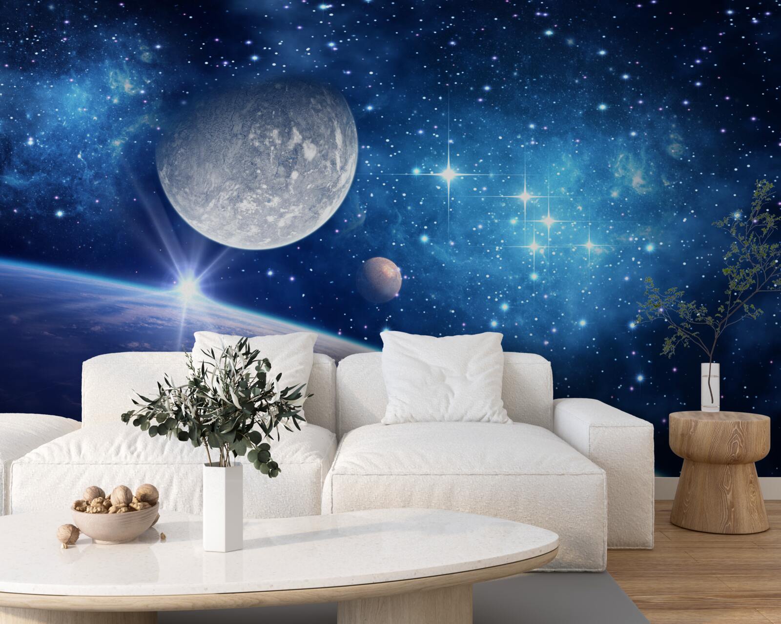 Fotobehang de maan staat op de achtergrond en de aarde op de voorgrond