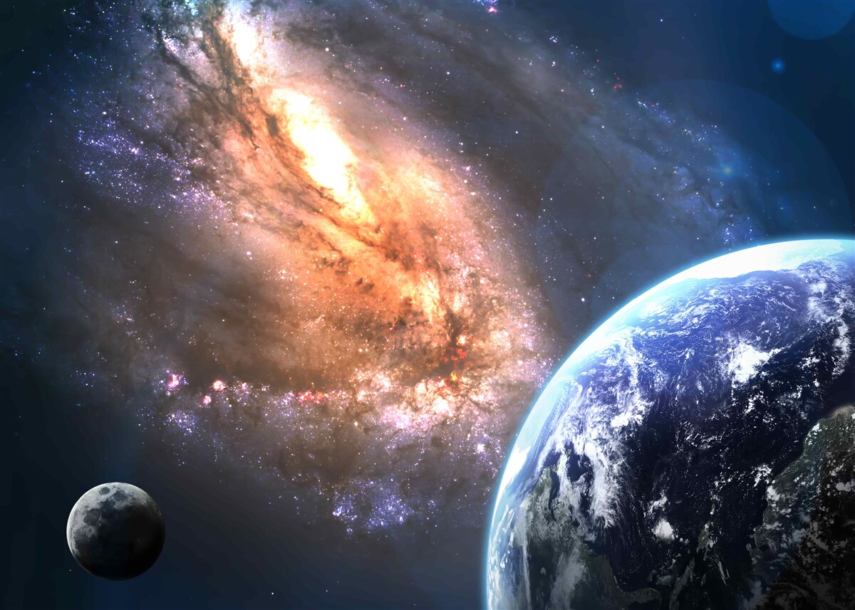 Fotobehang een planeet, een satelliet en een nieuw ontdekt sterrenstelsel