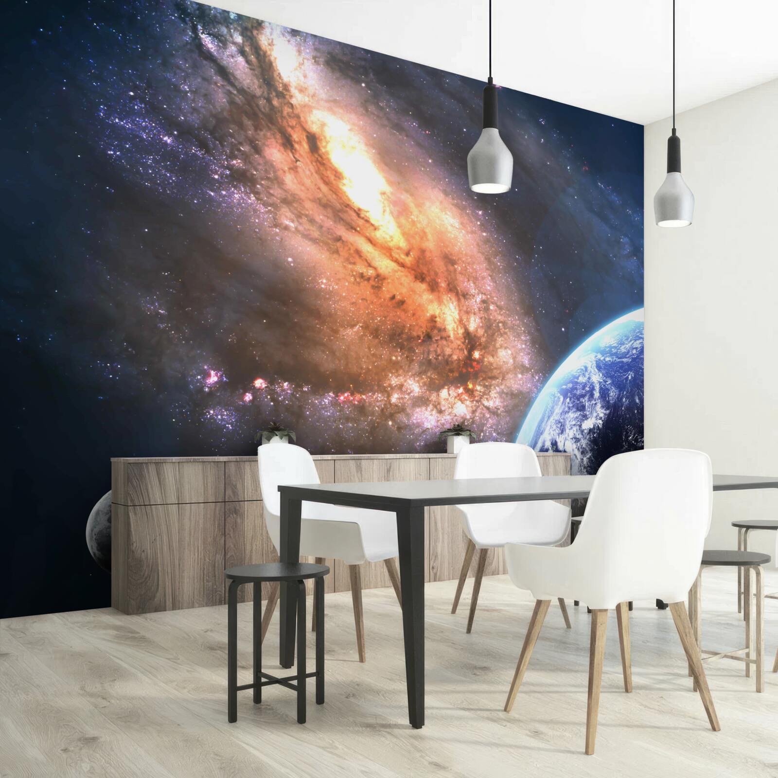 Fotobehang een planeet, een satelliet en een nieuw ontdekt sterrenstelsel