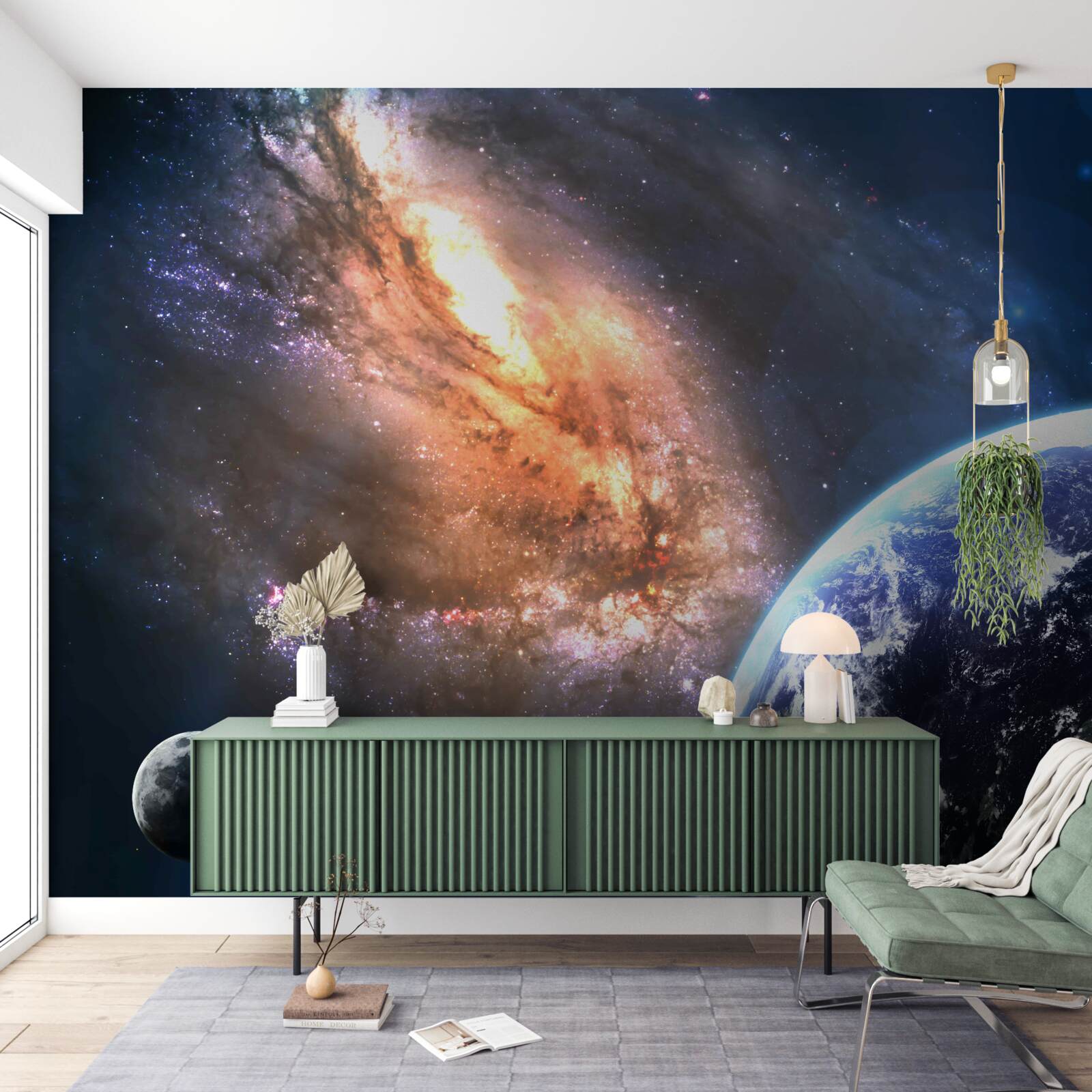 Fotobehang een planeet, een satelliet en een nieuw ontdekt sterrenstelsel