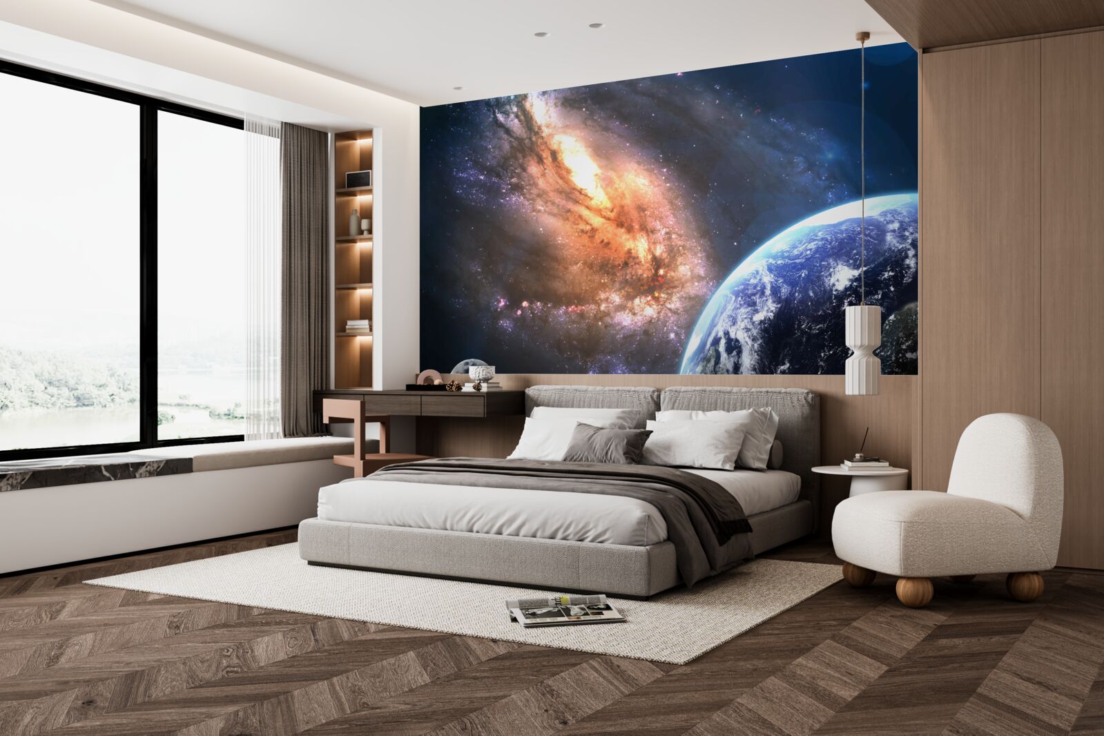 Fotobehang een planeet, een satelliet en een nieuw ontdekt sterrenstelsel