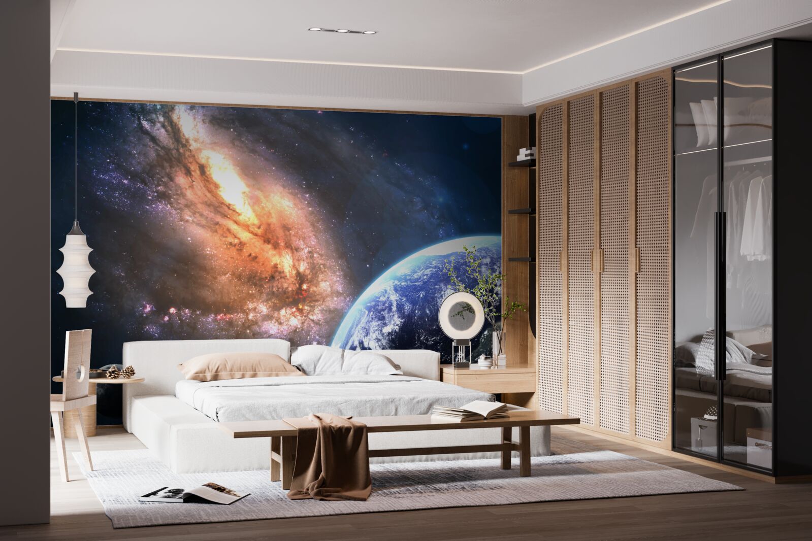 Fotobehang een planeet, een satelliet en een nieuw ontdekt sterrenstelsel