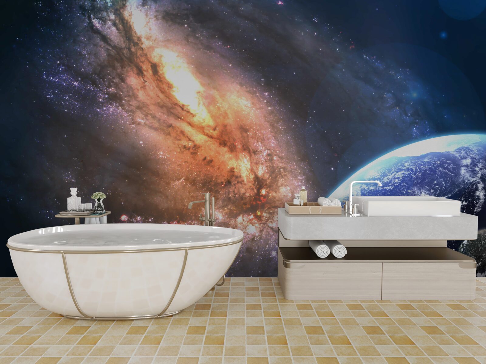 Fotobehang een planeet, een satelliet en een nieuw ontdekt sterrenstelsel