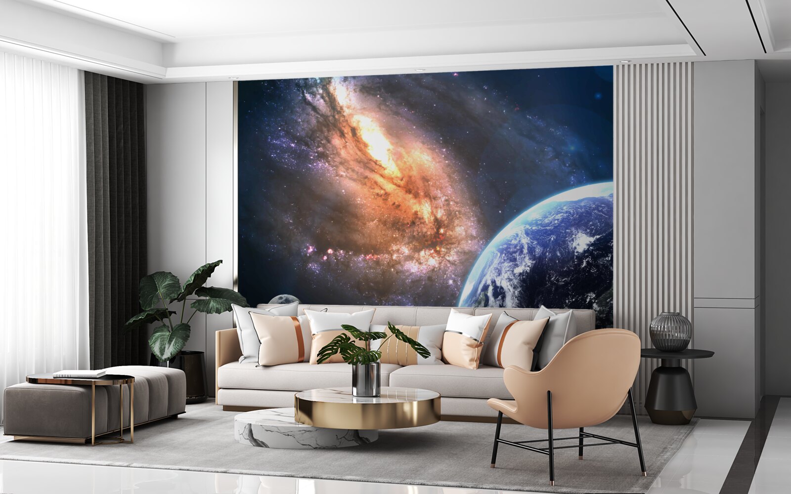 Fotobehang een planeet, een satelliet en een nieuw ontdekt sterrenstelsel
