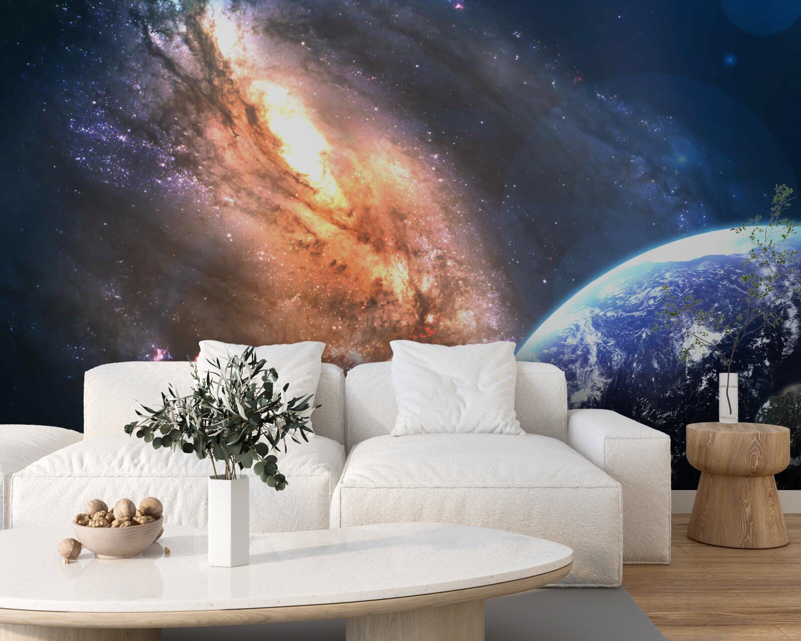 Fotobehang een planeet, een satelliet en een nieuw ontdekt sterrenstelsel