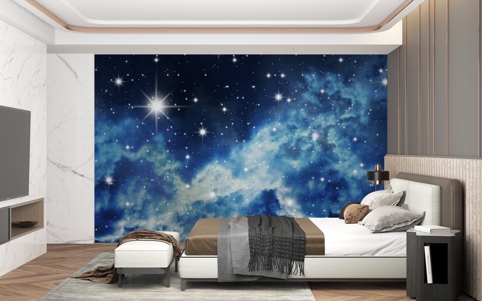 Fotobehang blauwe hemel bezaaid met sterren