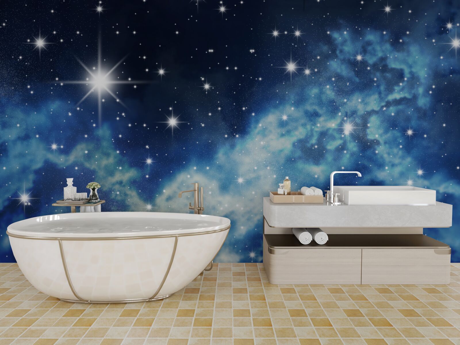 Fotobehang blauwe hemel bezaaid met sterren