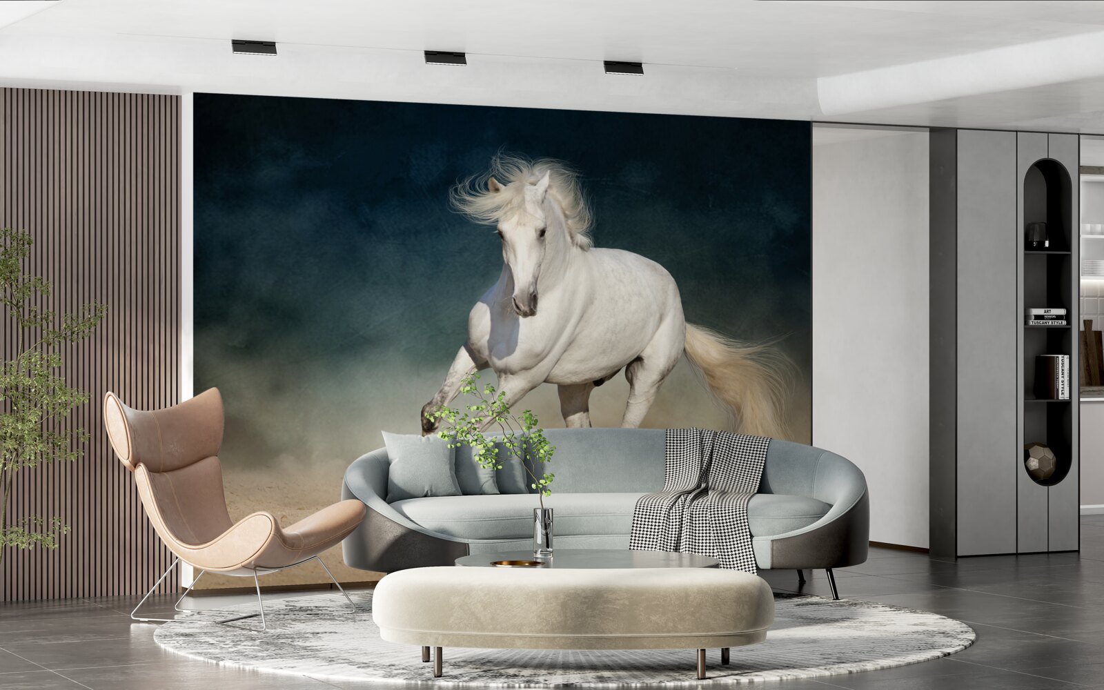 Fotobehang een wit paard galoppeert over een open veld