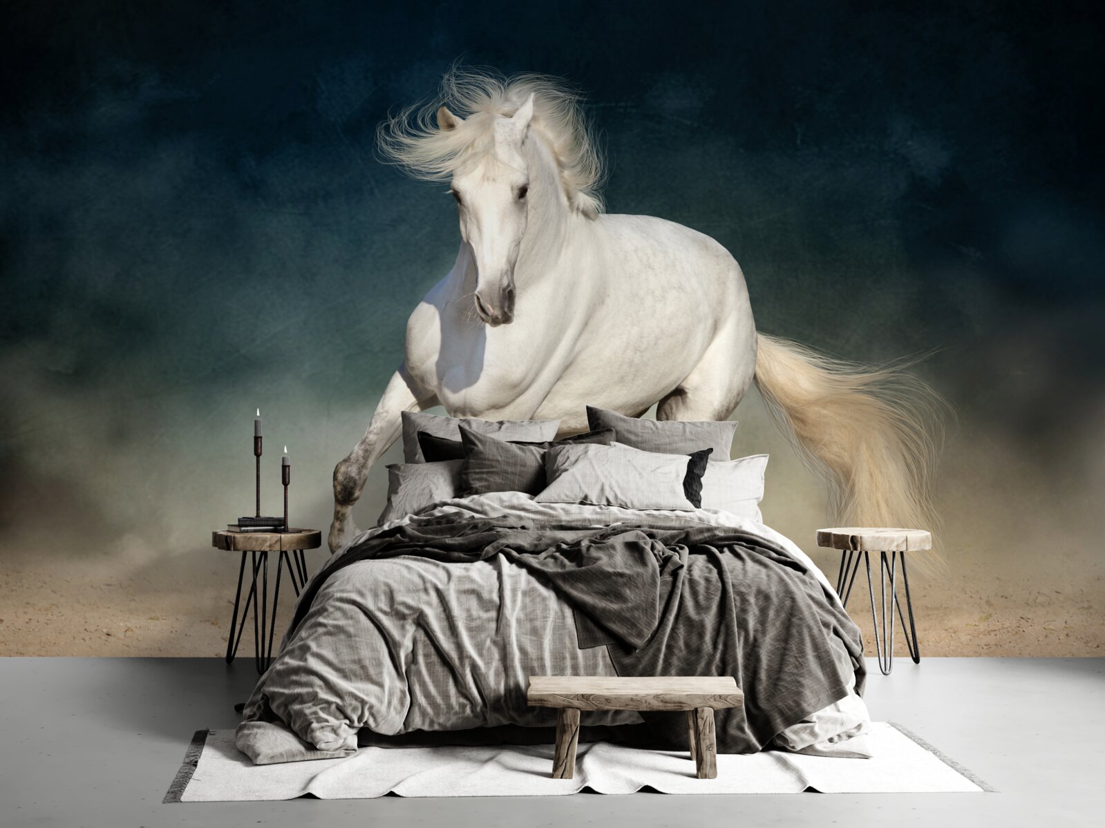 Fotobehang een wit paard galoppeert over een open veld