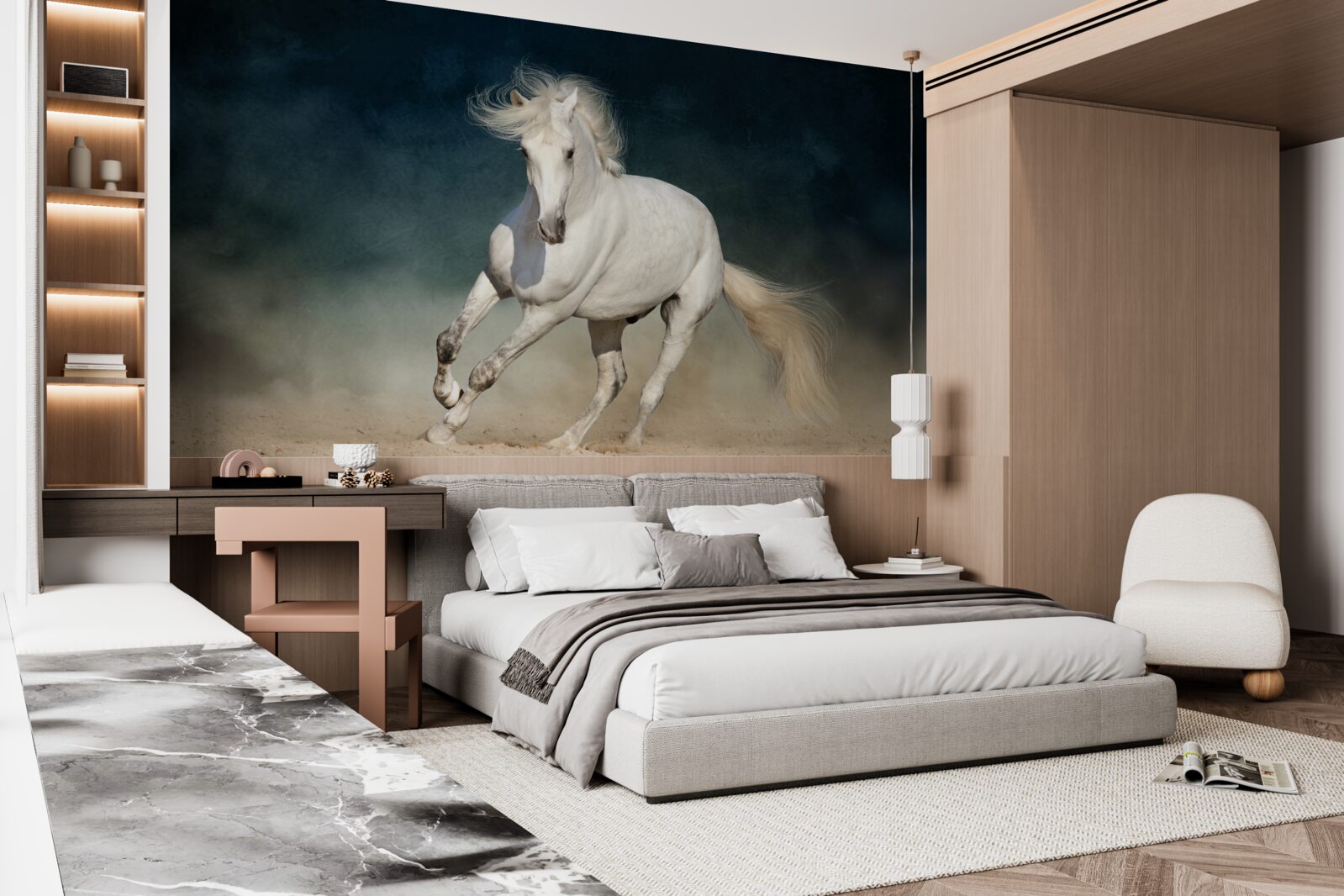 Fotobehang een wit paard galoppeert over een open veld