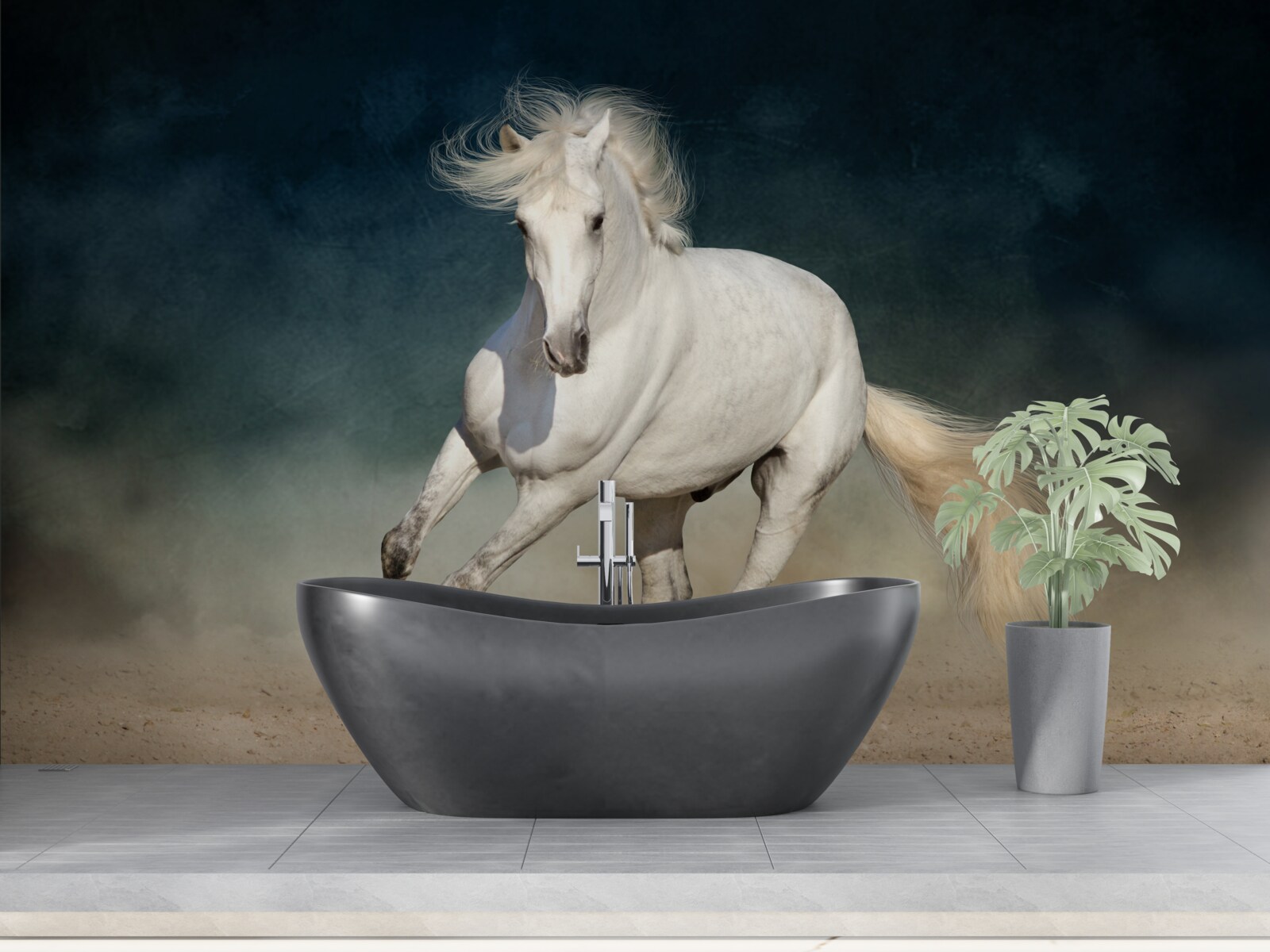 Fotobehang een wit paard galoppeert over een open veld