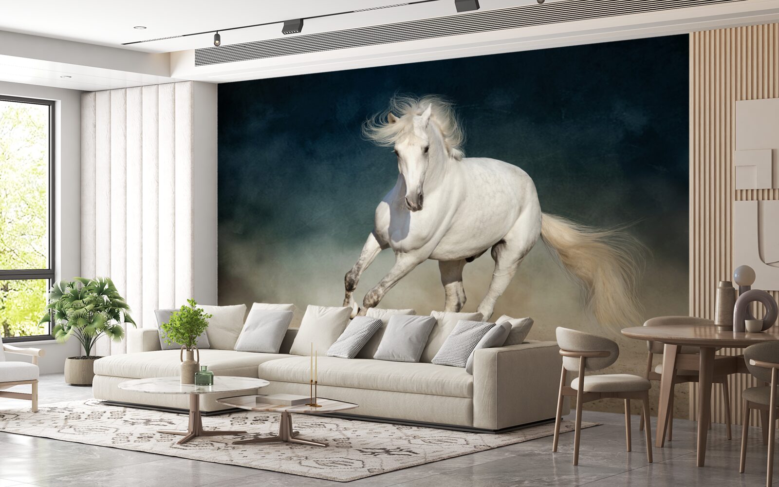 Fotobehang een wit paard galoppeert over een open veld