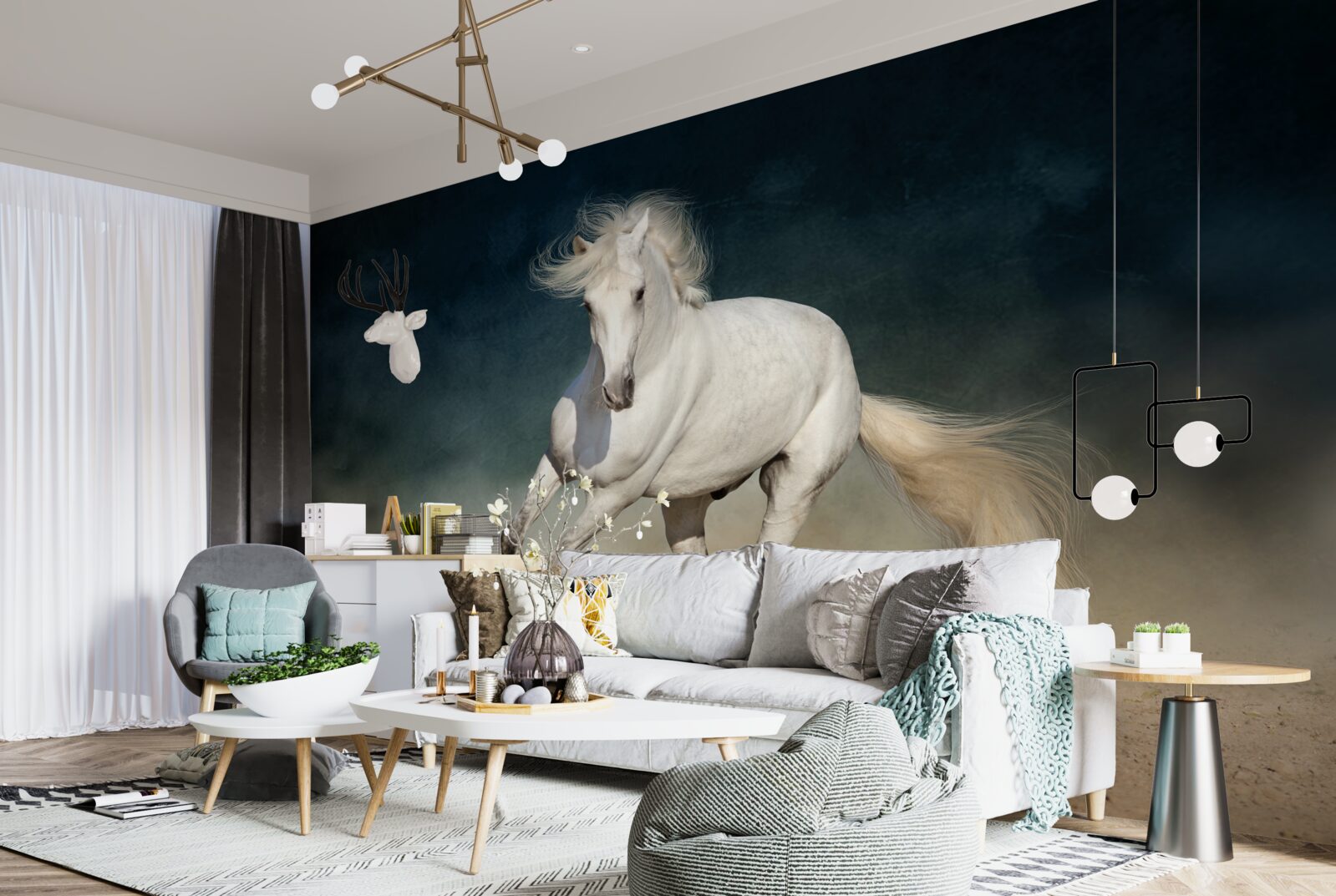 Fotobehang een wit paard galoppeert over een open veld