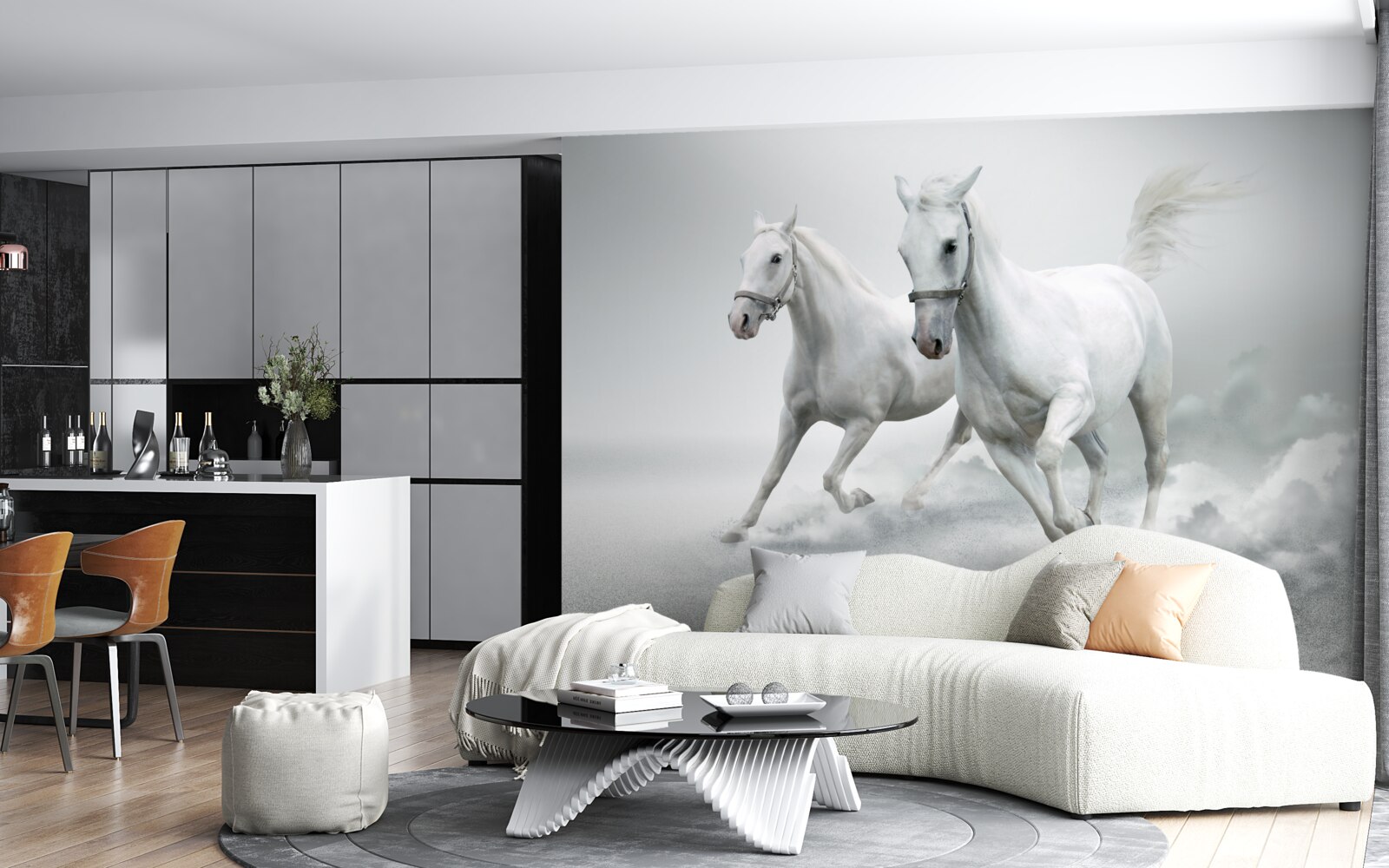 Fotobehang twee sneeuwwitte hengsten rennen over de heldere zandvlakte